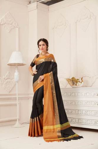 Designer Pure Cotton Saree (Black and orange color)