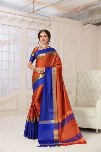 Designer Pure Cotton Saree (Blue and orange color)