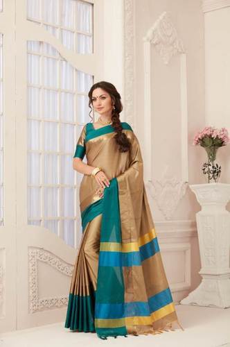 Designer Pure Cotton Saree (Golden And Sea Green Color)
