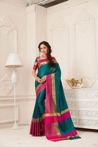 Designer Pure Cotton Saree (Green And Pink Color)