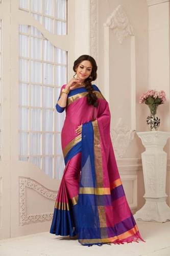 Designer Pure Cotton Saree (Pink and Blue color)
