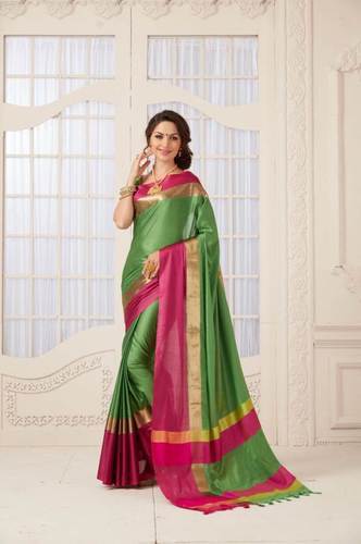 Designer Pure Cotton Saree (Pink And Green Color)