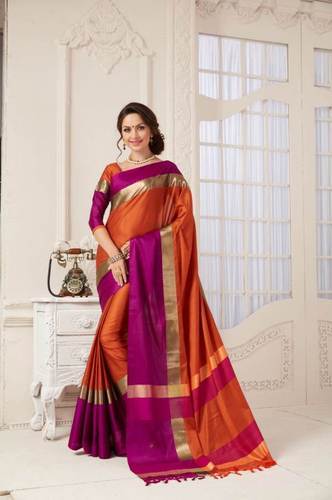 Designer Pure Cotton Saree (Purple And Orange Color)