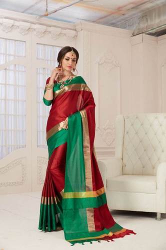 Designer Pure Cotton Saree (Red And Green Color)