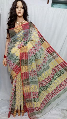 Jamdani Handloom Silk Cotton Blend Sari (Yellow,Green & Red)