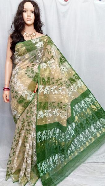 Jamdani Handloom Silk Cotton Blend Sari (Yellow and Green)