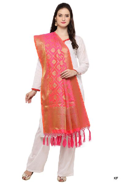 KF Alluring Pink Golden Banarasi Style Dupatta with Tassel