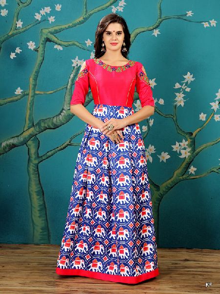 KF Enchanting Royal Blue And Pink Ikat Patola Gown