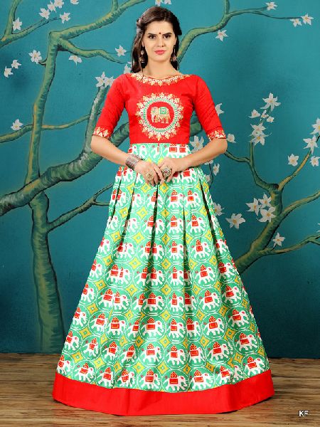 KF Graceful Parrot Green And Red Ikat Patola Gown
