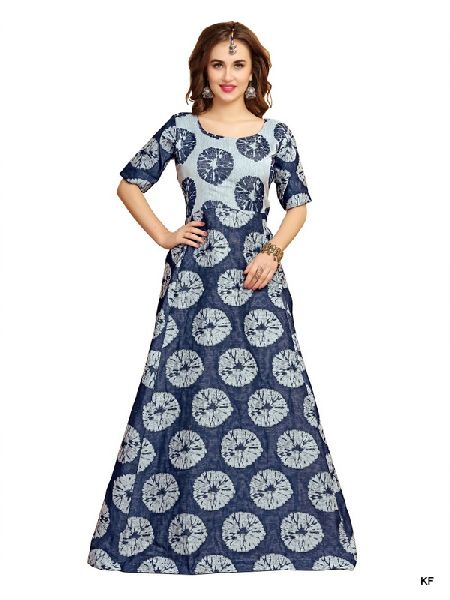 KF Navy Blue Shibori Cotton Woved Empire Waist Gown