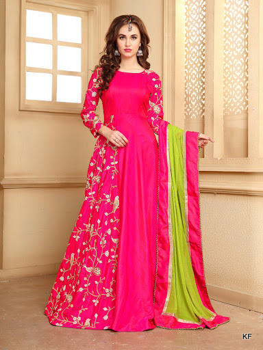 KF Pink Banarasi Silk Embroidered A-Line Gown