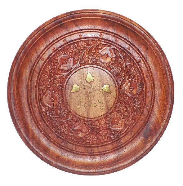 Wooden Handcrafted Plate with Center Brass Work