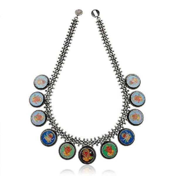 Hand Painted Ganesha Statement Silver Necklace