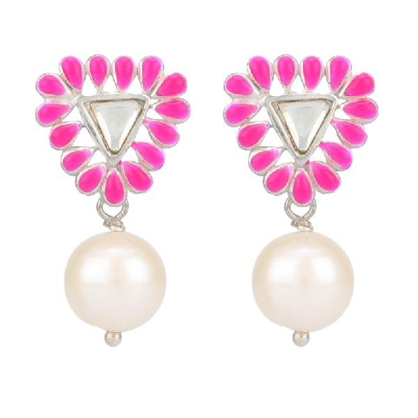 Triangular Pink Enamel Stud Pearl Drop Earrings
