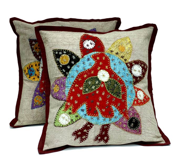 2 Dark Red Embroidered Patchwork Ethnic Indian Flower and Bird Throws Pillow Cushion Cover
