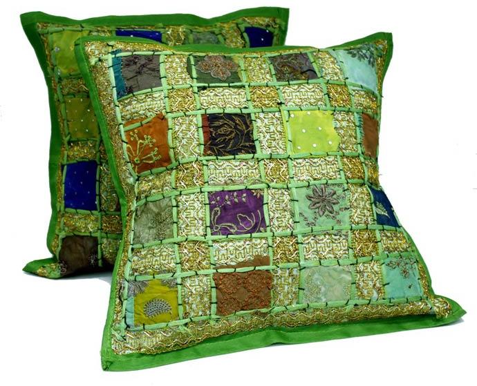 2 Green Embroidery Sequin Patchwork Indian Sari Throw Pillow Krishna Mart Cushion Covers