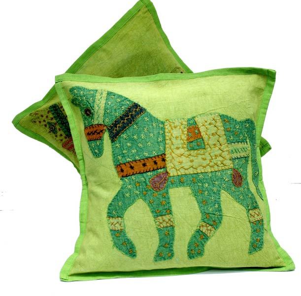 2 Green Handcrafted Applique Patchwork Ethnic Indian Horse Throws Pillow Krishna Mart Cushion Covers