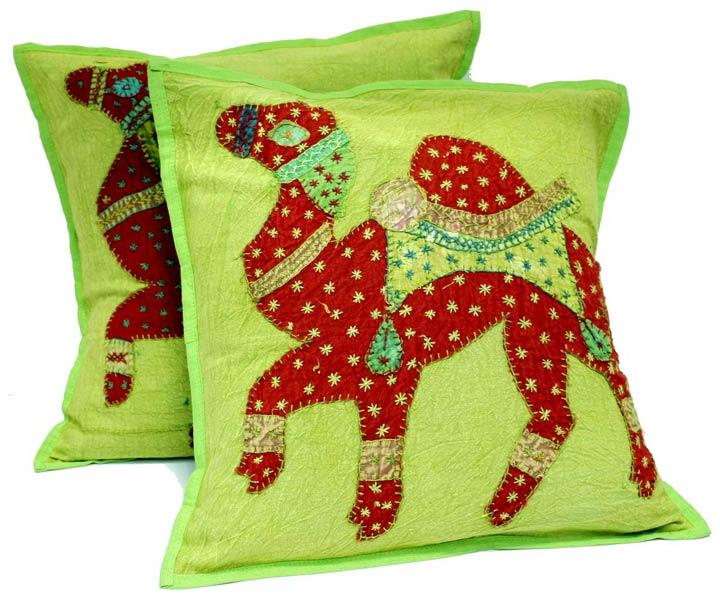 2 Green Handcrafted Embroidered Patchwork Ethnic Indian Camel Throws Pillow Krishna Mart Cushion Covers