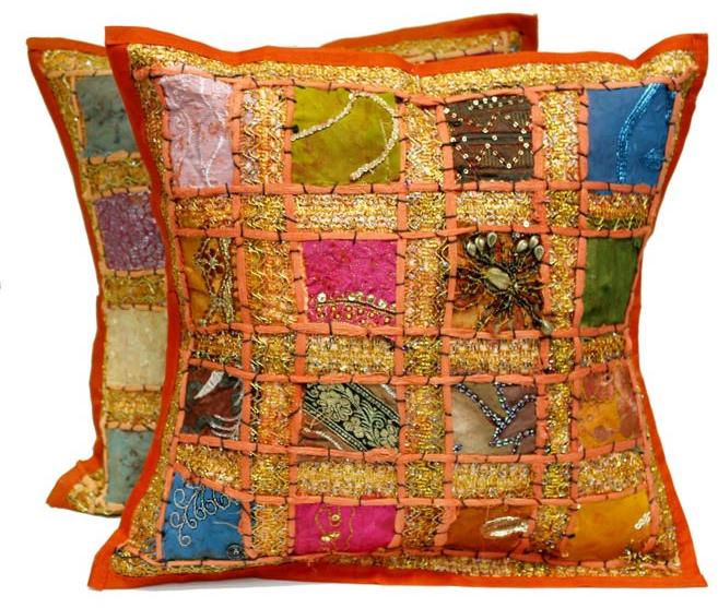 2 Orange Embroidery Sequin Patchwork Indian Sari Throw Pillow Krishna Mart Cushion Covers