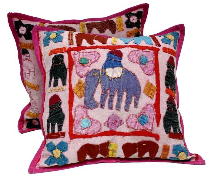 2 Pink Handcrafted Applique Patchwork Ethnic Indian Elephant Throws Pillow Krishna Mart Cushion Cove