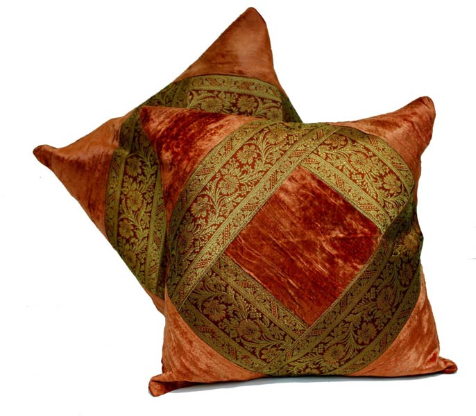 2 Traditional Banarsi Silk Brocade Velvet Indian Ethnic Decorative Orange Throw Pillow Cushion Cover