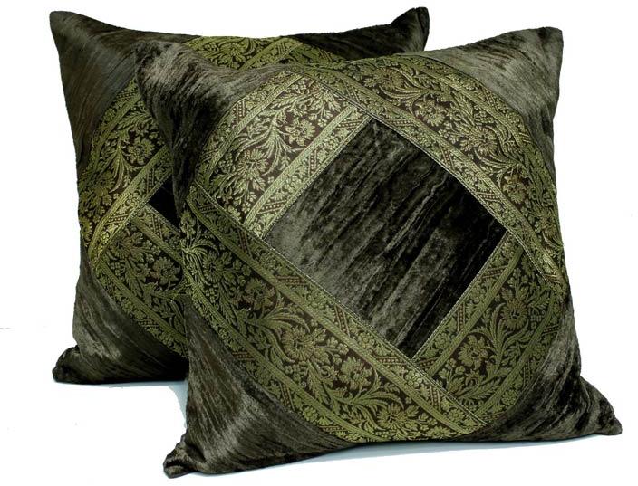 2 Traditional Banarsi Silk Brocade Velvet Indian Ethnic Decorative Black Throw Pillow Cushion Covers