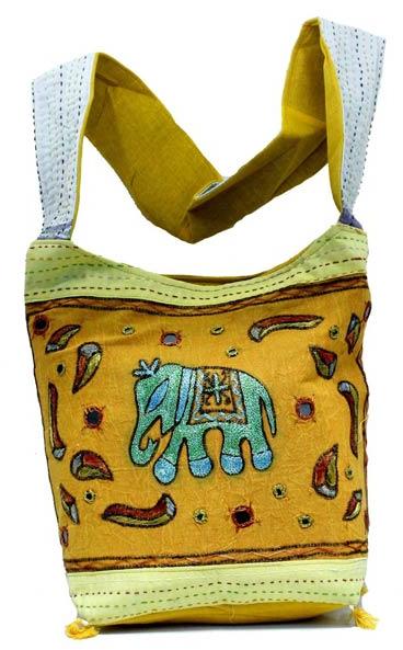 Cotton Canvas Embroidered Elephant Handcrafted Mirror Work Tote Hippie Indian Sling Cross Body Bag