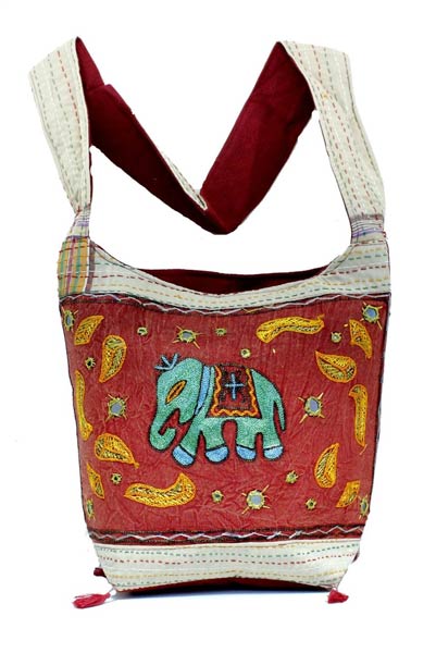 Cotton Canvas Red Multi Color Embroidered Elephant Handcrafted Mirror Work Tote Hippie Indian Bag