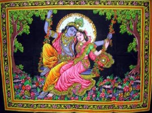 Lord Krishna, Goddess Radha Sequin Sitara Batik Cotton Wall Tapestry