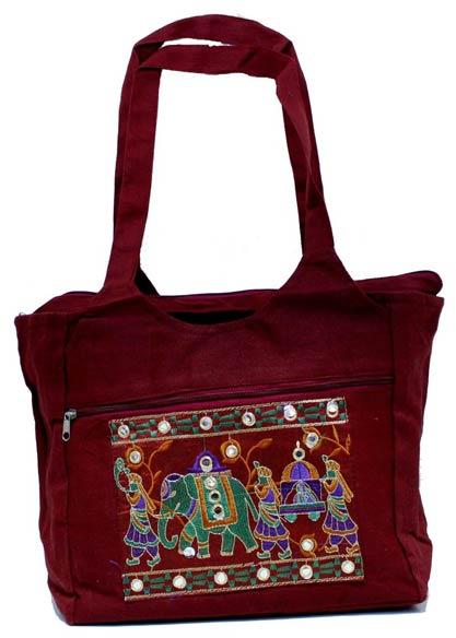 Traditional Elephant Design Dark Red Color Embroidered Indian Rajasthani Style Tote Ladies Bag