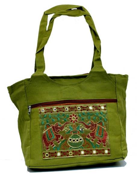 Traditional Ethnic Elephant Design Green Color Embroidered Indian Rajasthani Style Tote Ladies Sling