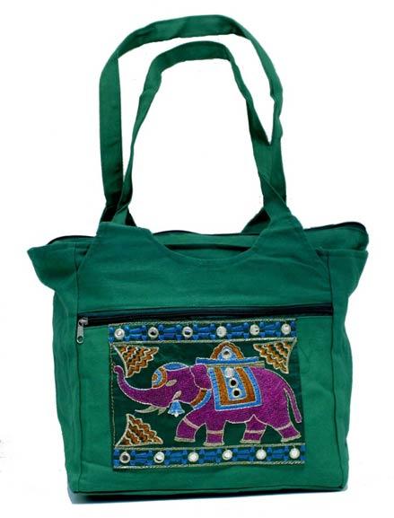 Traditional Ethnic Elephant Design Green Color Embroidered Indian Rajasthani Style Tote Ladies Bag
