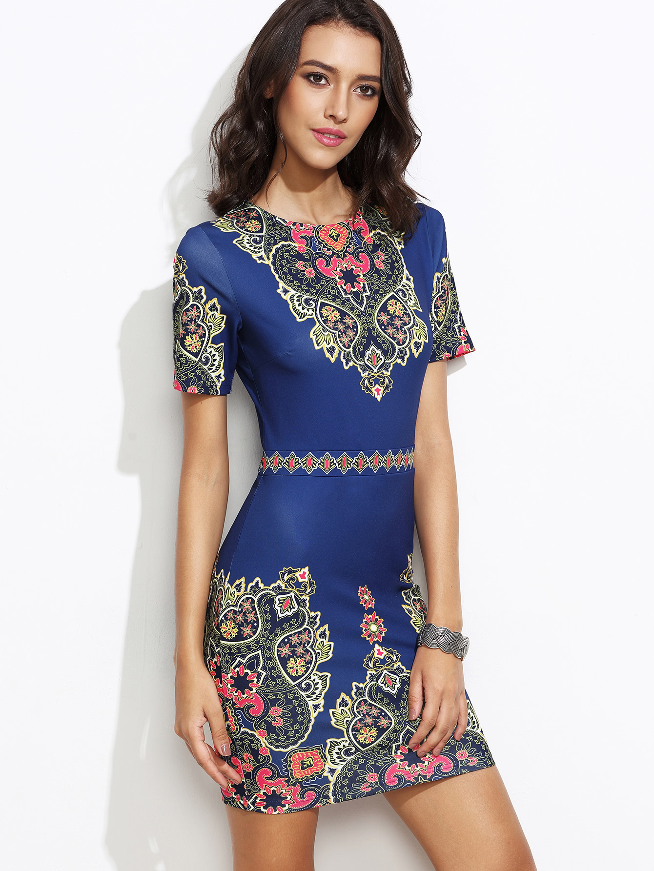 Ornate Print Fitted Dress
