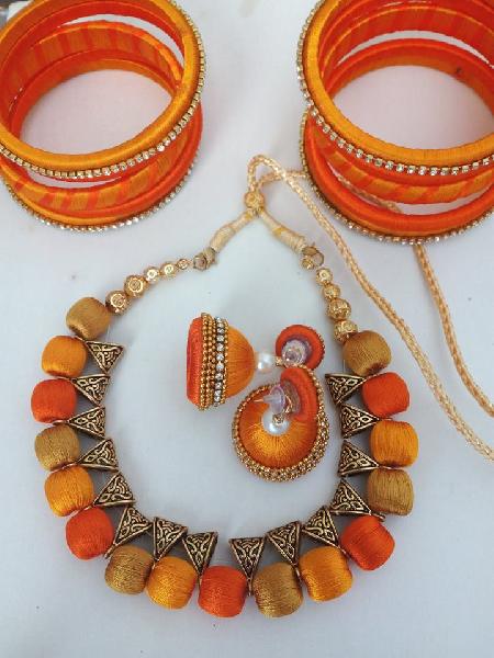  Silk Threads Necklace set, Color : Orange Mustard Yellow
