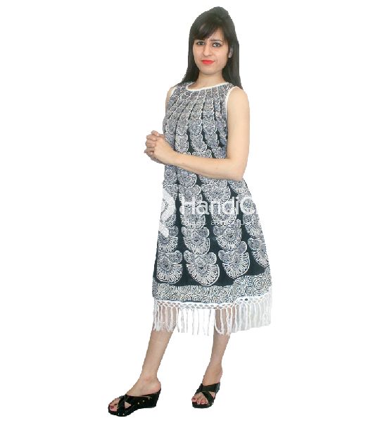 Black Block Printed Mandala Evening Dress, Feature : Short Skirts