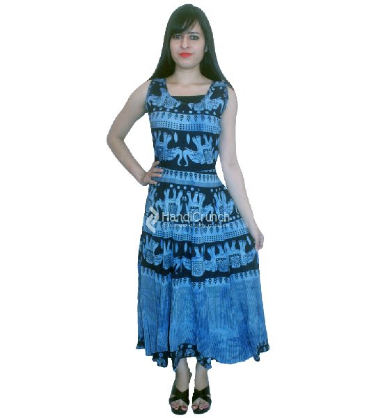 Blue and Black Elephant Printed Evening Gown