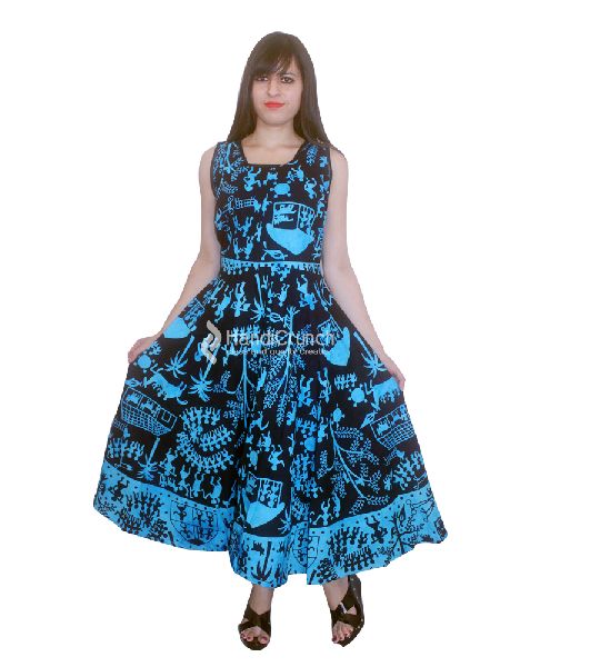 Blue and Black Elephant Printed Long Boho Evening Gown