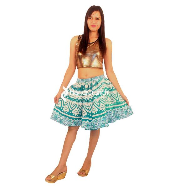 Handicrunch Green mandala short skirt, Size : All Sizes