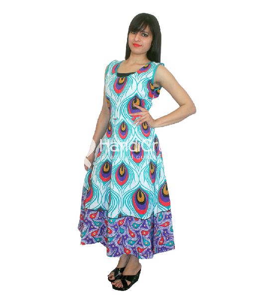 Long Peacock Printed Evening Gown Dress, Size : Free Size