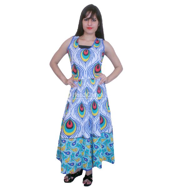 Peacock Printed Cotton Boho Evening Gown, Size : Free Size