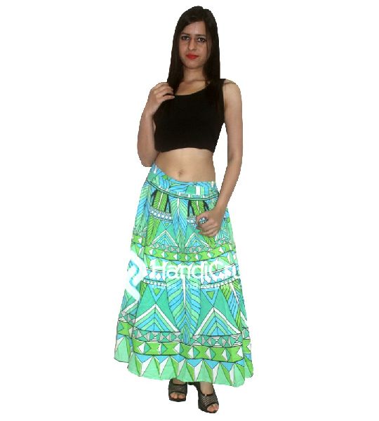 Cotton Handmade Green Leafs Mandala Print Floor Length Long Skirts