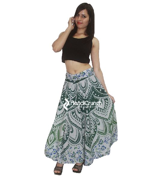 Pure Cotton Handmade Green Ombre Mandala Print Floor Length Long Skirts