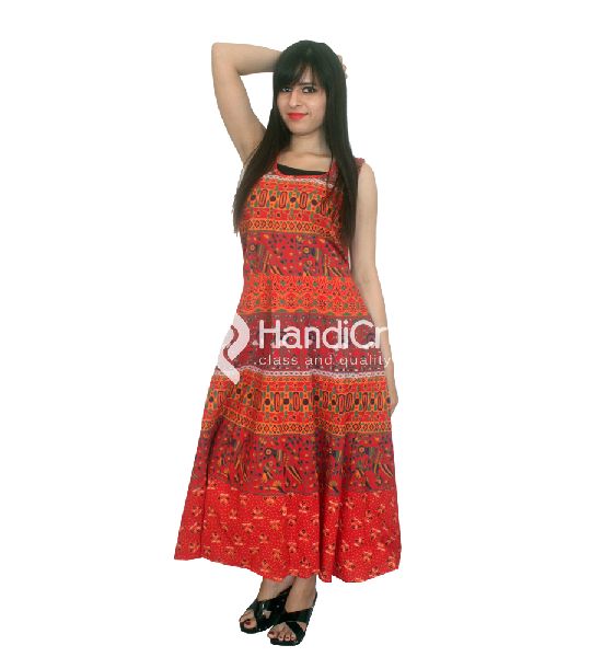 Red Rajasthani Printed Nightwear Evening Gown