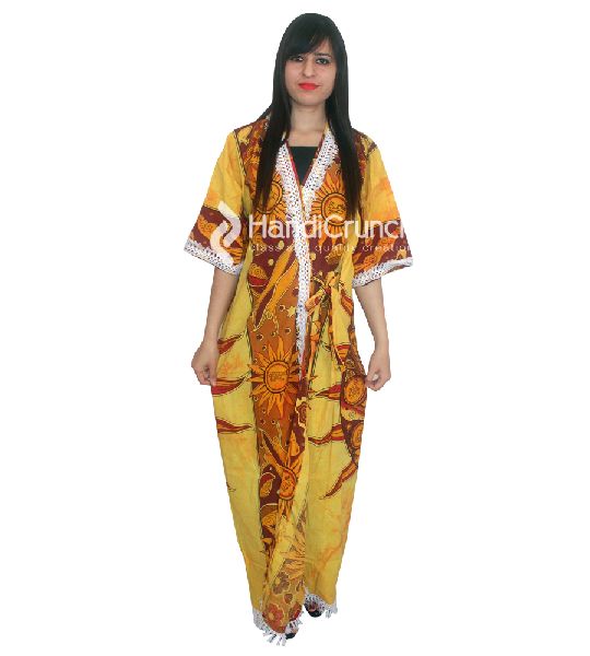 yellow sun printed long kimono robe