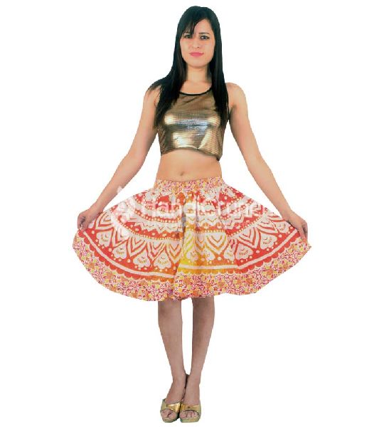 Orange mandala printed short skirt, Size : All Sizes