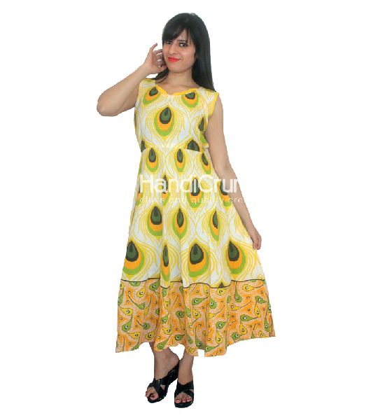 Yellow Peacock Printed Evening Gown Dress, Size : Free Size