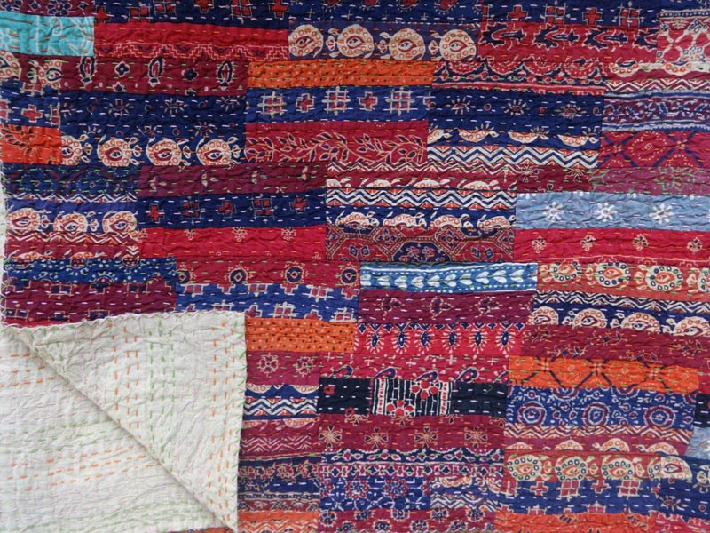 Handmade Kantha Brick Pattern Patchwork Quilt