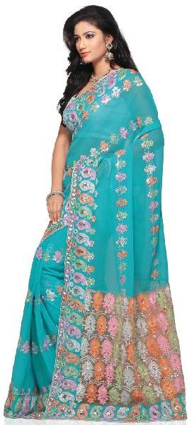 Aarya Ethnics Blue Color Georgette Embroidered Saree_DN-77