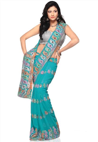 Aarya Ethnics Green Color Georgette Embroidered Saree