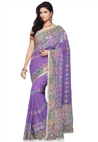 Aarya Ethnics Purple Color Georgette Embroidered Saree